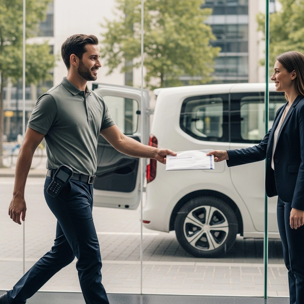 Homme remettant un document à une femme devant un véhicule d’entreprise.