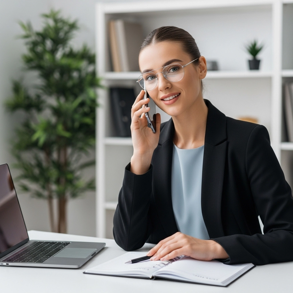 Femme d’affaires au téléphone travaillant sur un ordinateur portable