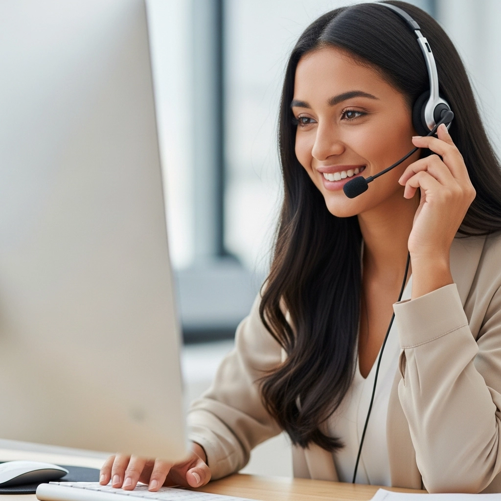 Conseillère clientèle souriante portant un casque au bureau.