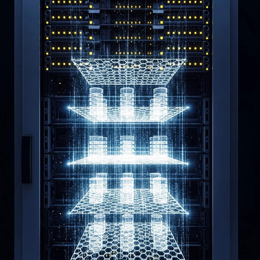 Serveur informatique moderne éclairé en bleu.